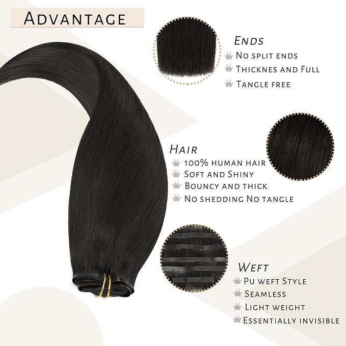 Caliee Seamless Clip in Hair Extensions 16Inch 110G Color 1B Natural Black Real Hair Extensions Clip in Human Hair 7Pcs Invisible Ultra Thin PU Skin Weft Long Natural Hair Clip in Extensions