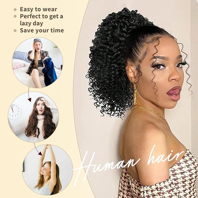 isheeny Drawstring Ponytail for Black Women Curly Human Hair, 12Inch to Add Length & Fullness, Perfect for Natural 4A 4B 4C Hair Textures