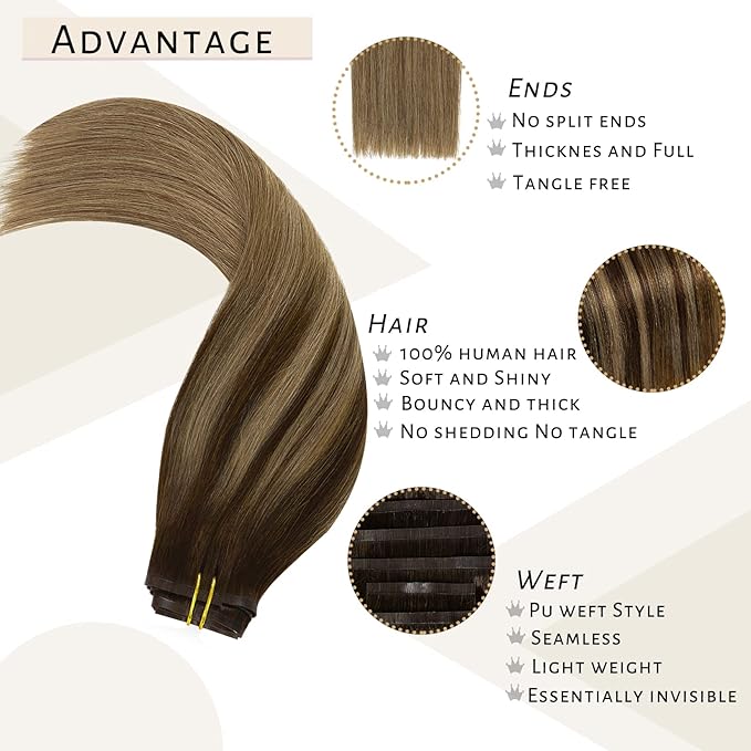 Caliee Clip in Hair Extensions Human Hair 18 Inch Dark Brown to Chestnut Brown Balayage Straight Human Hair Clip in Extensions 110G Ultra Thin PU Weft 7 Pieces