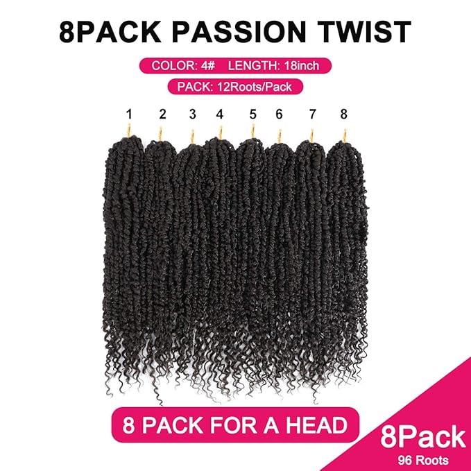 Passion Twist Hair - 8 Packs 18 Inch Passion Twist Crochet Hair For Women, Crochet Pretwisted Curly Hair Passion Twists Synthetic Braiding Hair Extensions (18 Inch 8 Packs, #4)