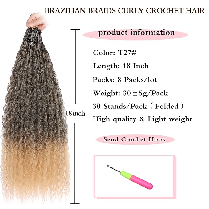 Xtrend Pre Looped Micro Kinky Curly Crochet Hair 18 Inch 8 Packs Ombre Honey Blond Brazilian Wave Micro Curly Crochet Hair Synthetic Deep Wave For Mini Passion Twist (30 Strands/Pack，T27#)