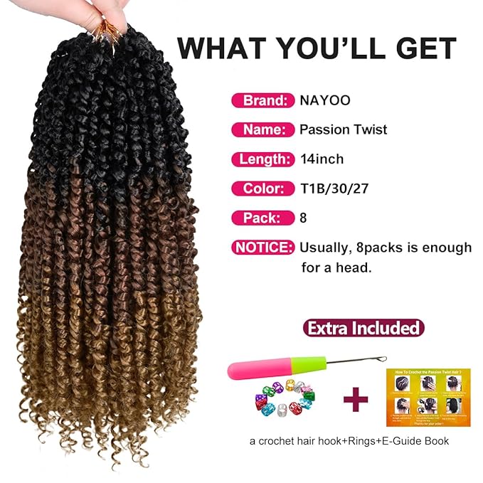 NAYOO Passion Twist Hair - 8 Packs 14 Inch Passion Twist Crochet Hair For Women, Crochet Pretwisted Curly Hair Passion Twists Synthetic Braiding Hair Extensions(14 Inch 8 Packs, T1B/30/27)