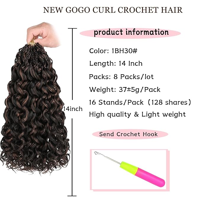 14 Inch Gogo Curl Crochet Hair Ocean Wave Crochet Hair Deep Twist Pre-looped 8 Packs Goddess Box Braids Short Curly Water Wave Synthetic Braiding Hair for Women (16Strands/pack 1BH30#)