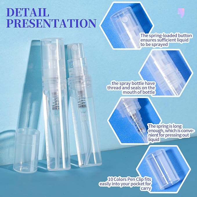 Fandamei 3ml Mini Spray Bottle, 10 Pack 3ml Mini Clear Plastic Spray Bottle Empty, Fine Mist Refillable Mini Perfume Bottle, Perfume Atomizer, Small Empty Sample Containers for Travel Portable