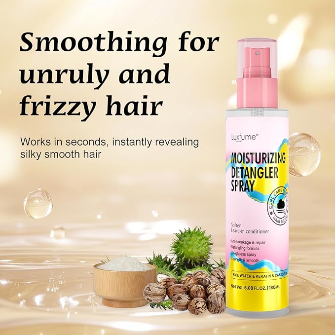 Moisturizing Detangler Spray for women, Curly Hair Detangler Spray with Rice Water, Keratin & Castor Oil - Curl Care Formula for Anti-Breakage, Repairs & Smooths, 6.08 oz