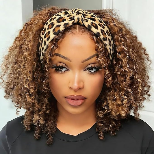 XSY Headband Wig Human Hair Highlight Ombre Kinky Curly Headband Wigs for Black Women None Lace Front Wigs 150% Density 4/27 Highglight Wig 12 Inch