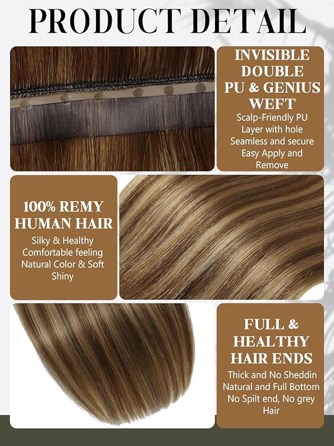 LOXXY OVO Hair Extensions Real Human Hair - 14 Inch 100g Seamless Balayage Chocolate Brown to Caramel Blonde - Bead in Butterfly Weft for White Women, Weft Width 31.5"(80cm)