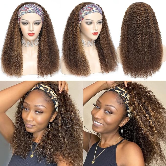 Eooma #4/30 Omber Headband Wig Curly Human Hair Wigs for Black Women 10A 180% Density Brazilian Kinky Curly Human Hair Headband Wigs Scarf No Gel Gluelees 22 Inch Remy Hair