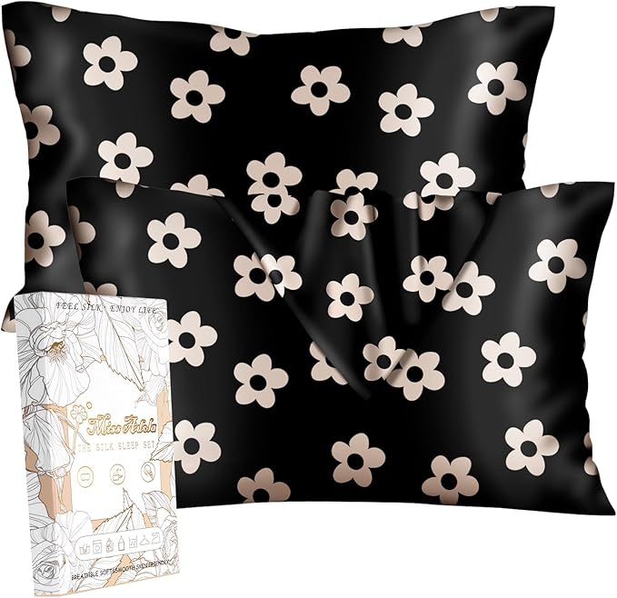 Silk Pillowcase 2 Pack - Cute Pillow Cases 20" x 26" Standard Size Set of 2 for Hair and Skin Smooth Soft Breathable with Hidden Zipper Cooling Pillow Covers for Sleeping, Black Flower