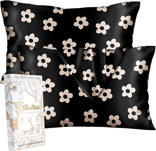 Silk Pillowcase 2 Pack - Cute Pillow Cases 20" x 26" Standard Size Set of 2 for Hair and Skin Smooth Soft Breathable with Hidden Zipper Cooling Pillow Covers for Sleeping, Black Flower