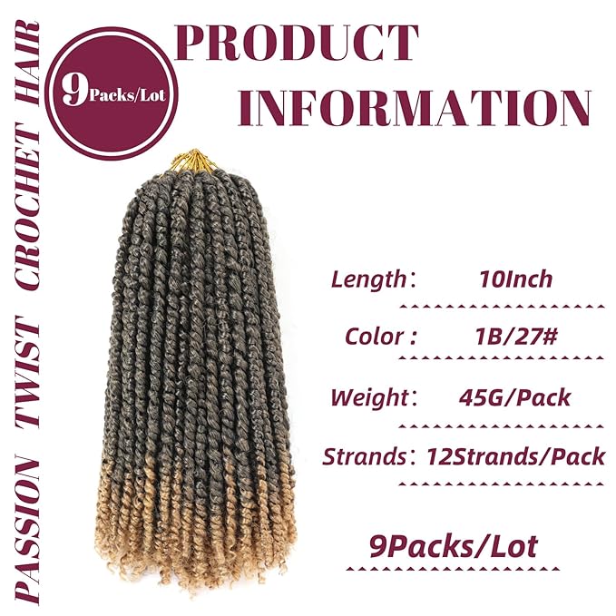 Passion Twist Hair 10 Inch 9 Packs Pretwisted Pre-Looped Crochet Braids Crochet Short Passion Twist Hair Pretwisted Hair Extension (10 Inch, T27#)