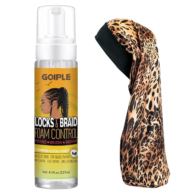 Braid and Loc Mousse for Hair Braiding, Twists, Braids and Locs - No Flake, Extra Hold, High Shine, Moisturizing, Frizz Control, Lightweight, Easy Application, with Leopard Silky Du-rag