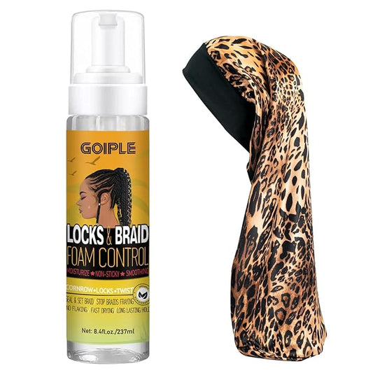 Braid and Loc Mousse for Hair Braiding, Twists, Braids and Locs - No Flake, Extra Hold, High Shine, Moisturizing, Frizz Control, Lightweight, Easy Application, with Leopard Silky Du-rag