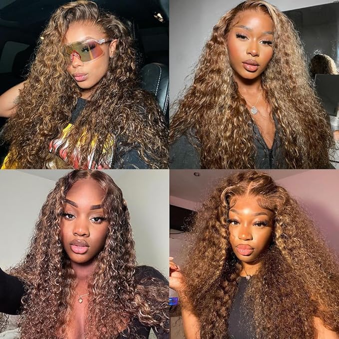 20Inch 13x4 Highlight Ombre Deep Wave Lace Front Wigs Human Hair Pre Plucked 4/27 Honey Blonde Deep Wave Human Hair Wigs for Women 250% Density