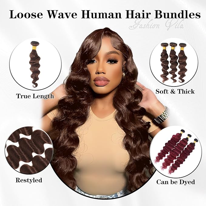 Bundles Human Hair Chocolate Brown Loose Wave Human Hair Bundles 24 26 28 Inch 12A 100% Unprocessed Brazilian Virgin Hair Loose Deep Wave 3 Bundles Remy Human Hair Extension 4# Color
