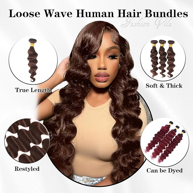 Brown Bundles Human Hair Loose Wave Human Hair 3 Bundles (#4, 18 20 22) 12A 100% Unprocessed Brazilian Virgin Hair Loose Deep Wave Remy Human Hair Extension 4# Color