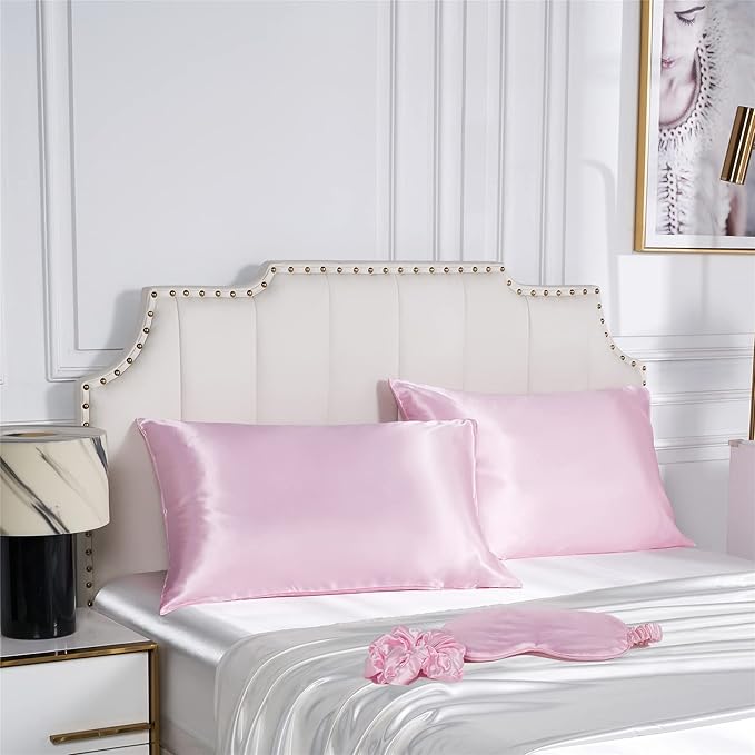 Satin Pillowcase for Hair and Skin, Vegan Silk Pillowcase Set-2 Pink Satin Pillowcases, 1 Eye Mask, 1 Scrunchie-Luxury Sleep Set, Silky Satin Pillow Cases Queen Size with Envelope Closure