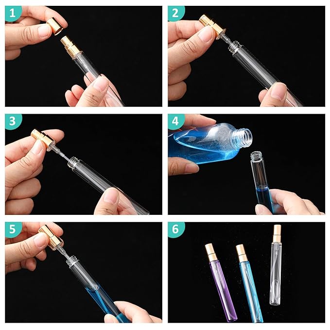 Zhehao 50 Pcs Mini Spray Bottles 10 ml Clear Glass Perfume Bottles Refillable Fine Mist Perfume Atomizer Portable Empty Sample Containers for Cleaning, Essential Oils, Travel (Gold Cap)