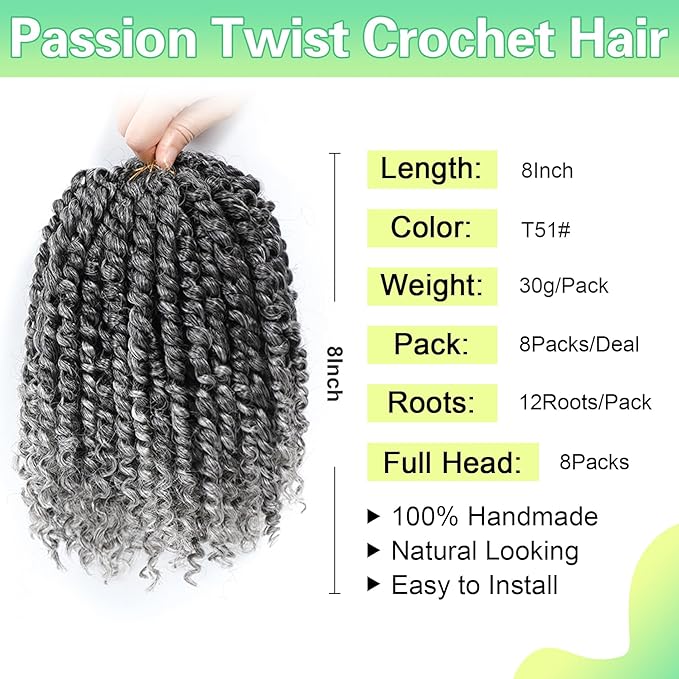 Passion Twist Crochet Hair 8Inch Passion Twist Hair 8 Packs Pre-Twisted Passion Twist Crochet Hair for Black Women Soft Passion Twist Curly Crochet Hair 8"(Pack of 8) T51
