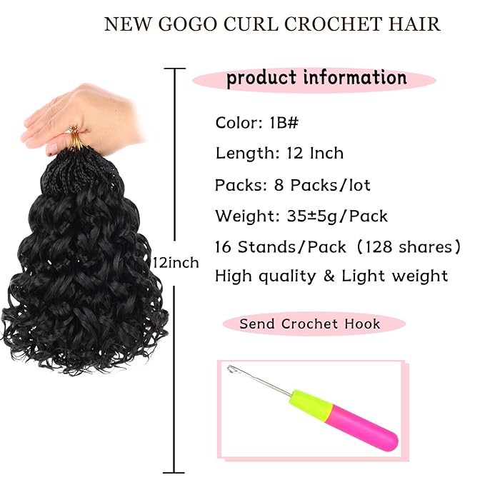 12 Inch Gogo Curl Crochet Hair Natural Black Ocean Wave Crochet Hair Deep Twist 8 Packs Pre-looped Goddess Box Braids Short Curly Water Wave Synthetic Braiding Hair for Women (16Strands/pack 1B#)