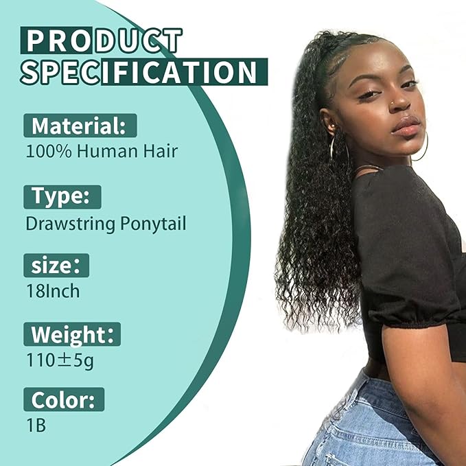Ponytail Extension Human Hair Curly Ponytail Extension for Black Women Long Afro Puffs Hair Buns Drawstring Ponytail Human Hair (18 Inch #1B Natural Black)