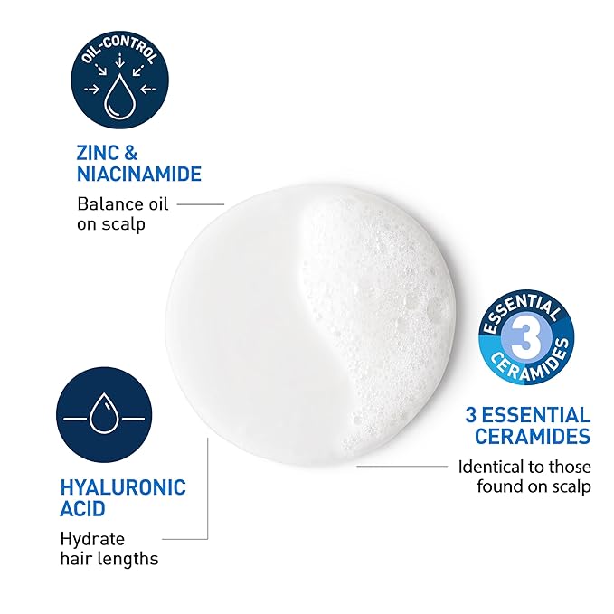 CeraVe Oil Control Balancing Shampoo, Clarifying Shampoo With Ceramides & Hyaluronic Acid, Removes Oil and Leaves Hair Feeling Hydrated, For All Hair & Scalp Types, Sulfate Free & Color Safe, 12 oz