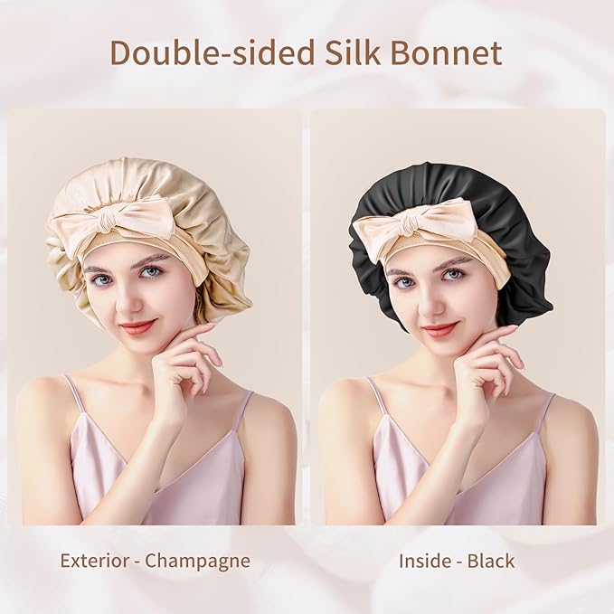 Silk Bonnet for Sleeping Women, 22 Momme 100% Mulberry Silk Sleep Cap, Double-Layer Reversible Silk Hair Wrap for Women & Night Hair Care, Fits All Hair Types - Champagne