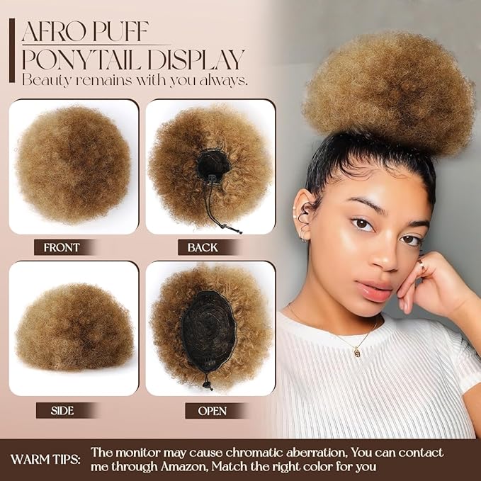 Afro Ponytail For Black Women #P4-27 Half Medium Brown Half Light Blonde Durable Natural Soft and Smooth Retro Kinky Curly Ponytail Wig