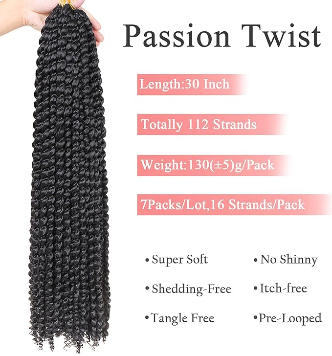 Leeven 7 Packs Passion Twist Braiding Hair for Butterfly Locs Natural Black Water Wave Crochet Passion Twist Hair for Women 30 Inch Super Long Bohemian Braids Synthetic Crochet Hair 1B#