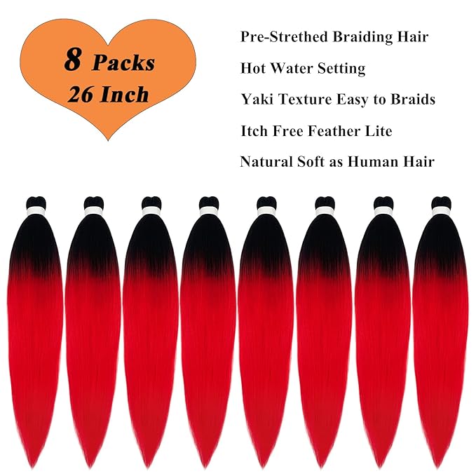 Red Ombre Braiding Hair Pre Stretched Black Red Braiding Hair Extensions for Box Braids Prestretched Braiding Hair Ombre Crochet Knotless Kids Micro Jumbo Braids 26 inch 8 pack