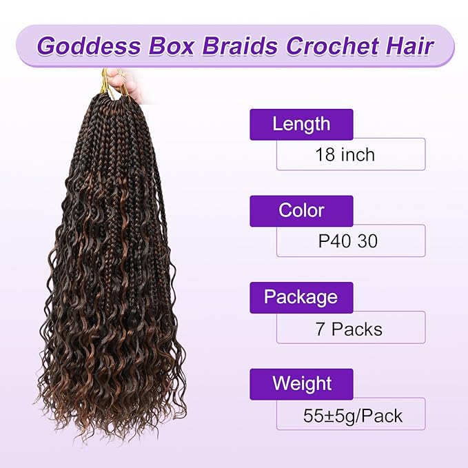 Eacia Goddess Box Braids Crochet Hair 18 Inch 7 Packs Boho Box Crochet Hair for Women Pre Looped Braids with Curly Ends (18 Inch, P4/30#)