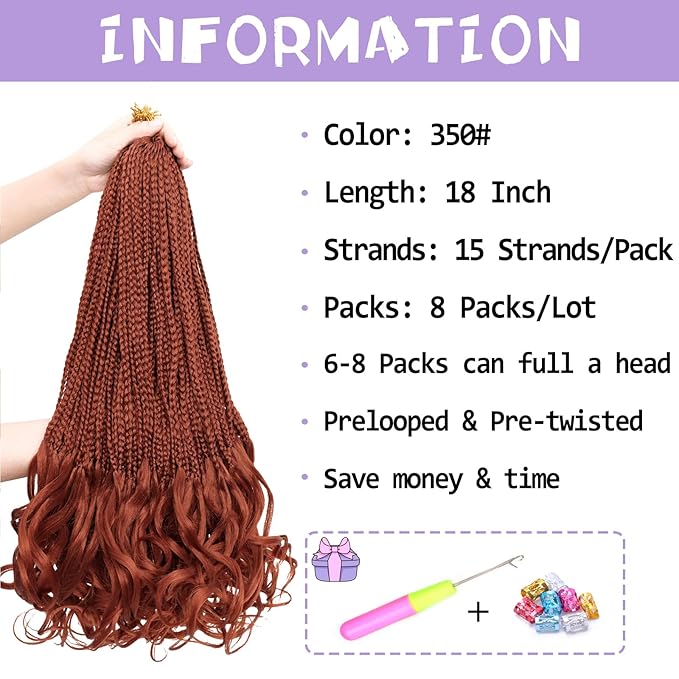 French Curl Crochet Braids 18 Inch 8 Packs Goddess Box Braids Crochet Hair for Women Copper Pre Looped Crochet Box Braid with Curly Ends Synthetic French Curly Braiding Hair Extensions 350#