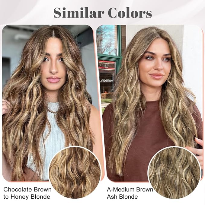 ALXNAN Clip in Long Wavy Hair Extension 20 Inch Chocolate Brown to Honey Blonde Hair Extensions 4PCS Thick Hairpieces Fiber Double Weft Hair for Women