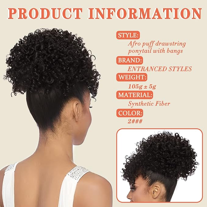 ENTRANCED STYLES Drawstring Ponytail with Bangs Afro Puff Ponytail Hair Extensions for Black Women Short Kinky Curly Puff Ponytail with Bangs Curly Clip in Wrap Updo Hairpiece