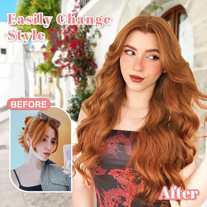 ALXNAN Clip in Hair Extension,Long Wavy Hair Extensions 20 Inch Orange Red 4PCS Thick Hairpieces for Women