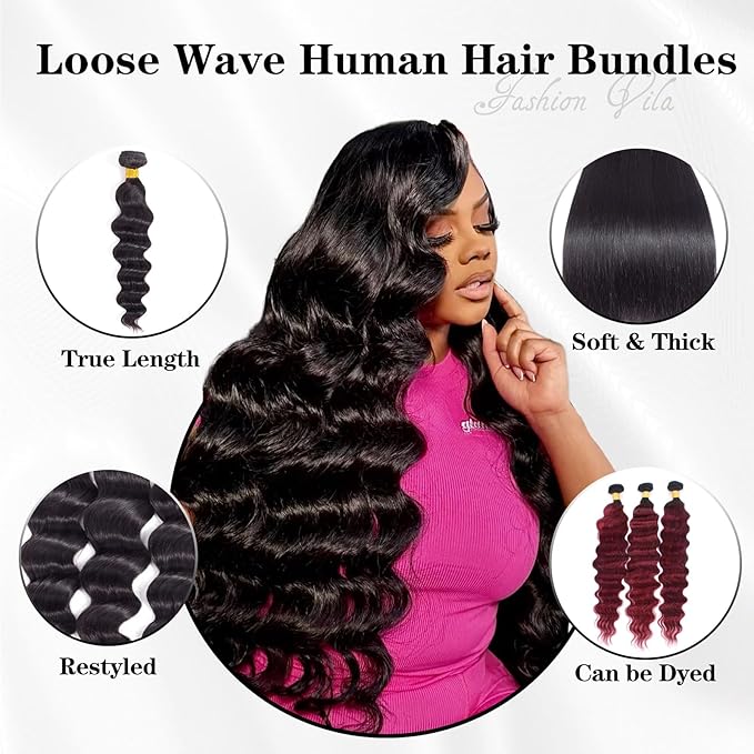 Loose Wave Bundles Human Hair (12 14 16 Inch) 12A Loose Deep Wave Human Hair Bundles 100% Unprocessed Brazilian Virgin Remy Hair Extension Natural Color
