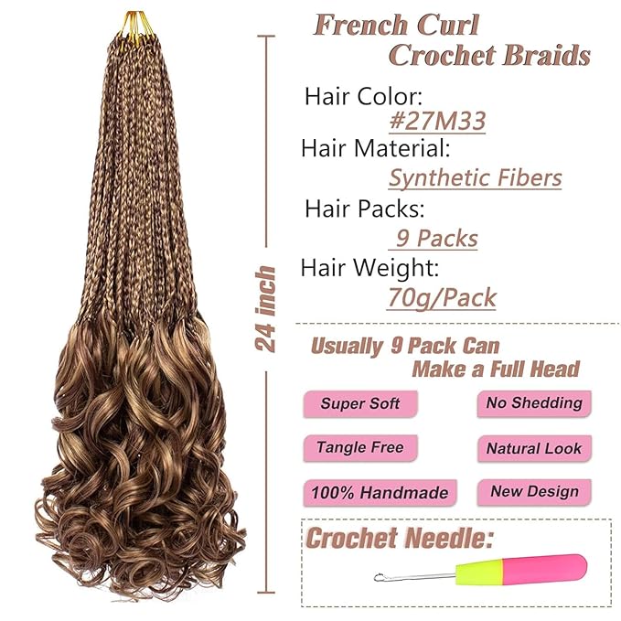 9 Packs 24 Inch French Curl Crochet Braids Blonde Mix Brown Pre Looped Bohemian Crochet Box Braids with Curly Ends Synthetic Bouncy French Curl Braiding Hair for Women