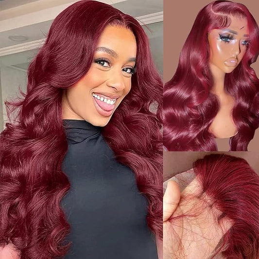 20 Inch 99j Burgundy Lace Front Wigs Human Hair Glueless Wine Red Colored Body Wave Wigs Pre Plucked with Baby Hair 180 Density 13x6 HD Transparent Frontal Wigs for Women