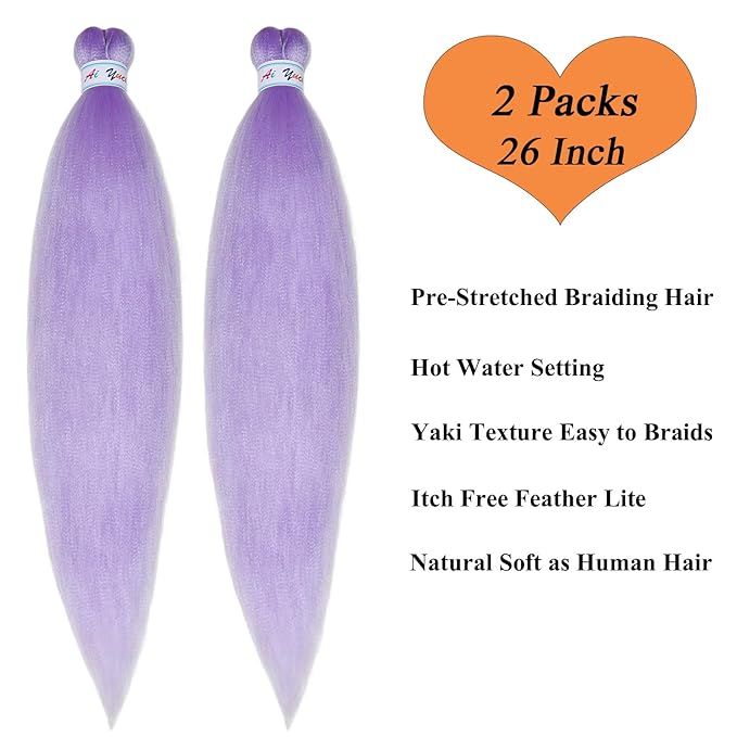 kids Light Purple Braiding Hair Pre Stretched Long Purple Hair for Braiding, Lavender Braiding hair Extensions for Stage Party Halloween Costume Cosplay Crochet Braids Non Toxic Braiding Hair 26 inch