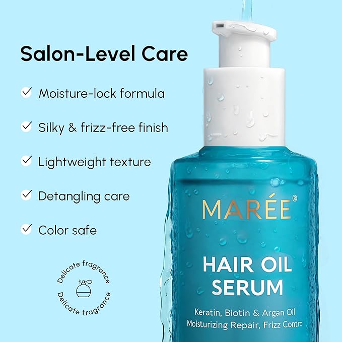MAREE Hair Serum for Dry and Curly Hair Gloss – Hair Oil for Frizzy Hair with Argan Oil, Keratin & Biotin – Frizz Control Hair Care Products for Women – Aceite Para el Cabello – Keratin Hair Treatment