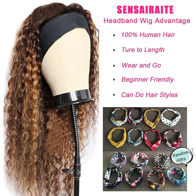 SENSAIRUITE Highlight Ombre Curly Wig Honey Blonde Headband Wig Human Hair 14 Inch Deep Wave 180% Density Glueless Headband Wigs for Black Women