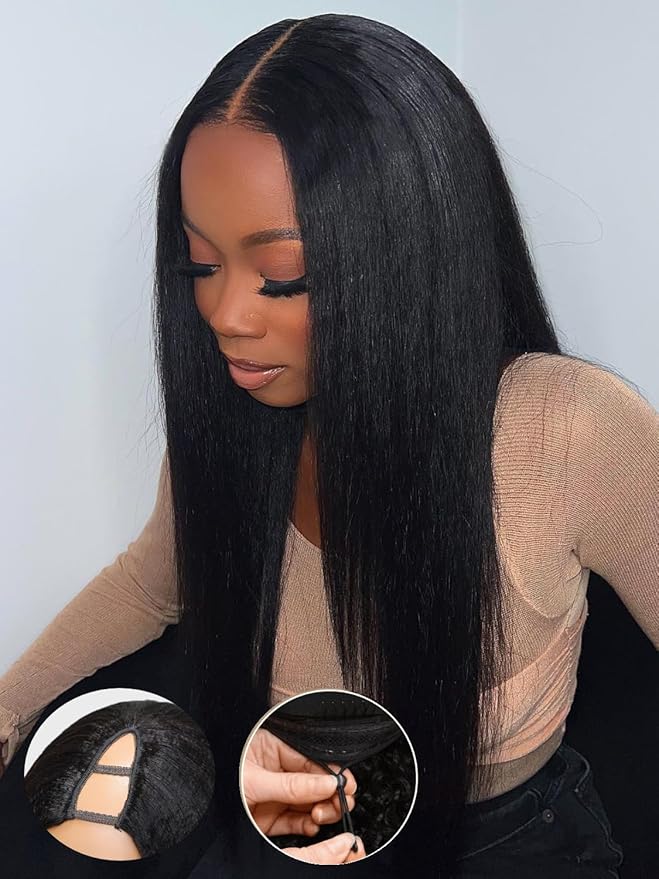 Julia Hair V Part Wig Human Hair Yaki Straight Glueless Wigs for Women 12A Briazilian Remy Hair Upgrade U Part Wig No Glue No Leave Out Beginner Friendly Natural Color 22 Inch Yaki Wig