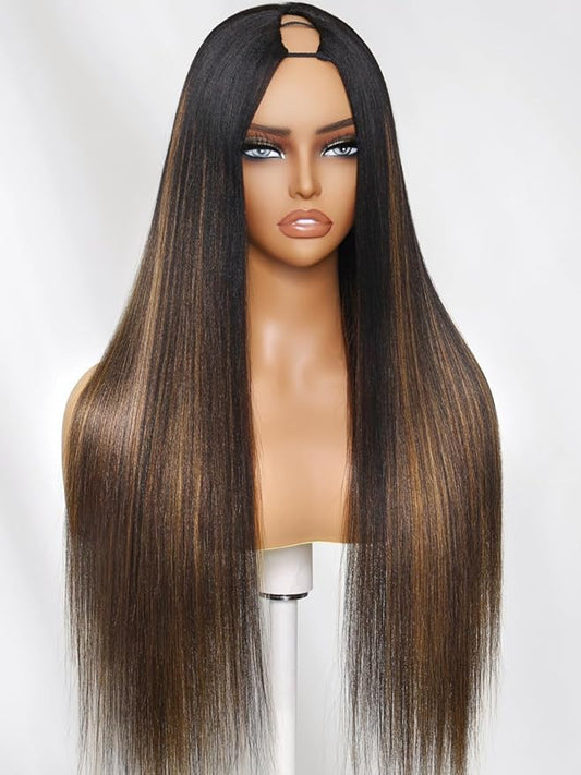 Julia Hair V Part Glueless Wig Human Hair Yaki Straight Highlight Balayage Ombre Brown Upgrade U Part Human Hair Drawstring Clip in Half Wigs No Glue No Lace Ready to Go Beginner Friendly 24 Inch