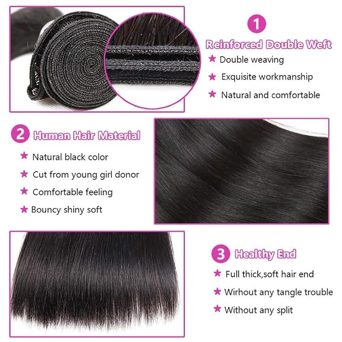 Brazilian Virgin Straight Human Hair 3 Bundles with Frontal 13x4 Ear to Ear Lace Frontal 100% Unprocessed Brazilian Remy Virgin Human Hair Straight Bundles with Frontal For Black Women(24 26 28+22)