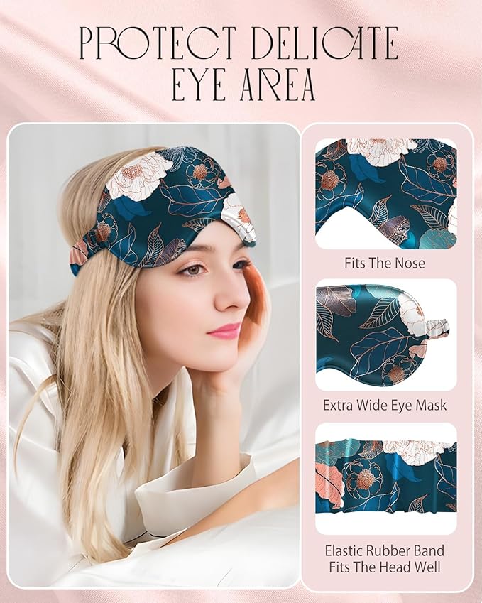 Mulberry Silk Pillow Case for Hair and Skin 19 Momme Standard 26"x20" Dark Blue Peony Silk Pillowcase with Eye Mask & Scrunchie Soft Silk Pillowcase Sleeping for Moms, Women