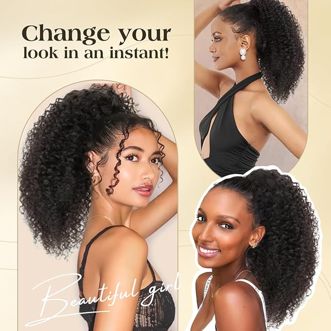 isheeny Natural Black Drawstring Ponytail 100% Human Hair Extension for Black Women 18Inch Voluminous Curly Style