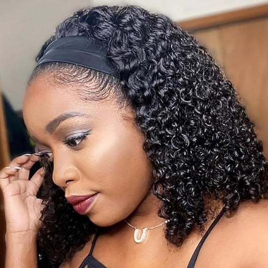AISI QUEENS Headband Wig Human Hair For Black Women Curly Wigs Glueless Human Hair Short Curly Headband Wigs (12 Inch, Curly Headband Wigs)