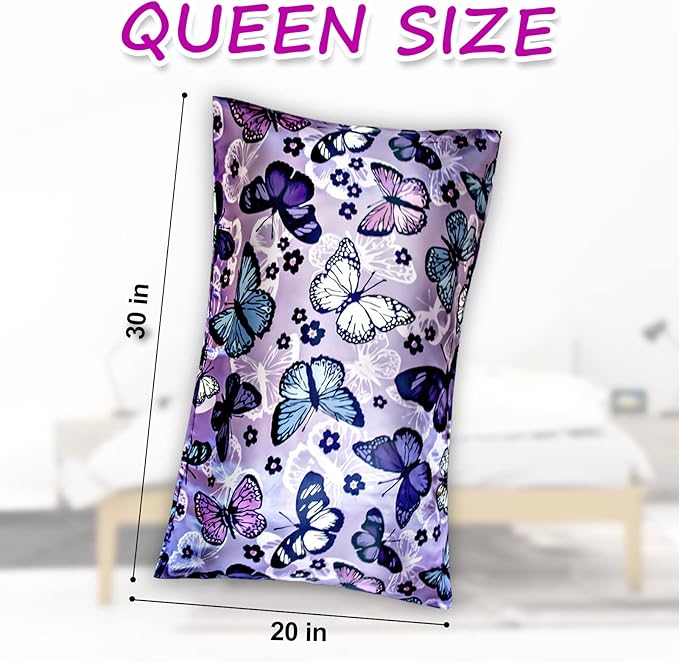 Satin Pillowcase for Hair and Skin, Soft Satin Pillow Cases Queen Size Pack of 2, Cooling Silk Satin Pillowcase Set with Envelope Closure (20’’x30’’, Purple, Butterflies & Flower)