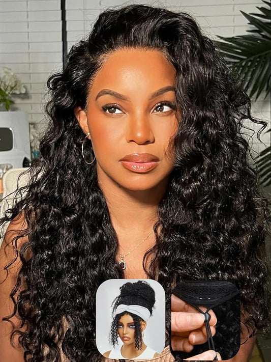 Julia Hair Glueless Half Drawstring Wig Human Hair Water Wave Blend Secure Wear and Go 12A Clip in Half Wig Wear with or Without Headband Wigs Human Hair for Women Beginner Friendly 24 Inch