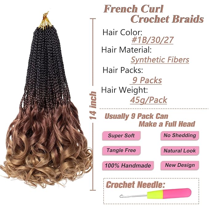 9 Packs French Curl Crochet Braids 14 Inch Goddess Box Braids with Bouncy Wavy Ends Crochet Hair Ombre Brown Honey Blonde Pre Looped Synthetic French Curly Braiding Hair for Women Kids